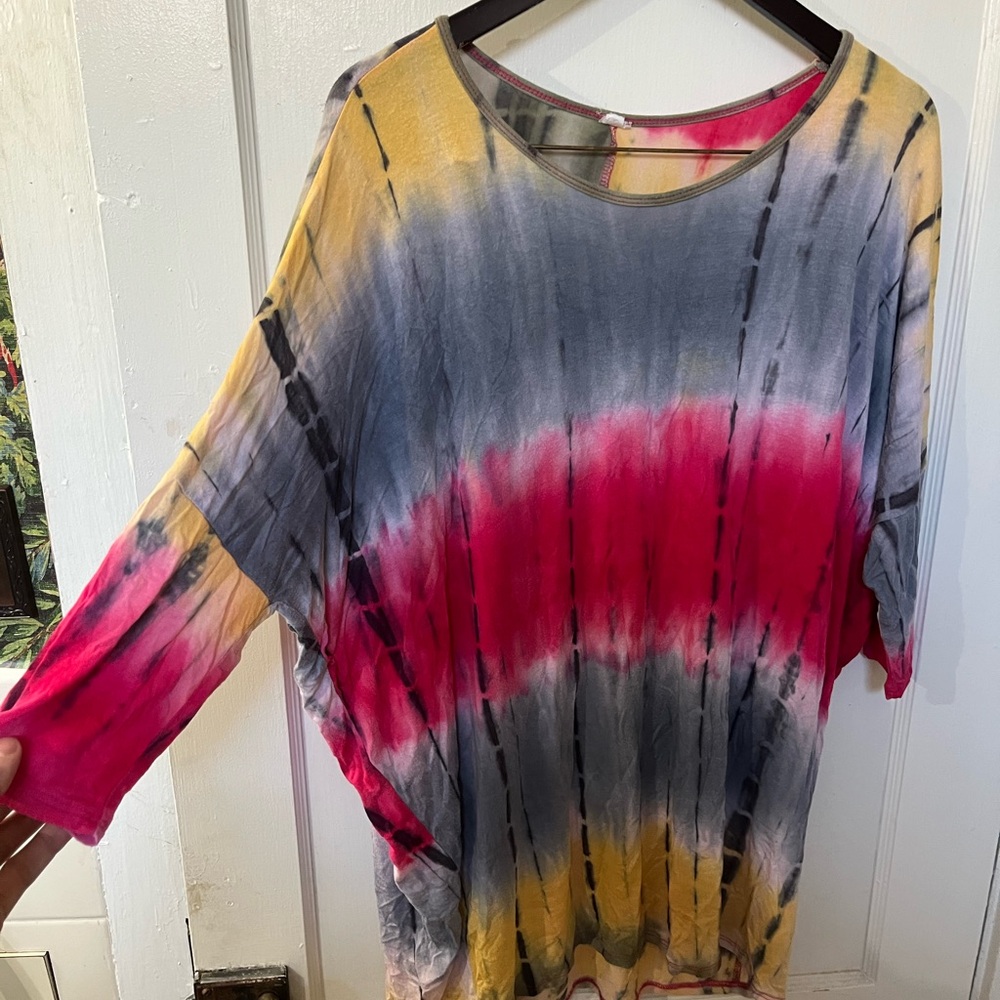 Women’s XXL Tie Dye Top | Oversized Boho Tunic | Pink Gray Yellow